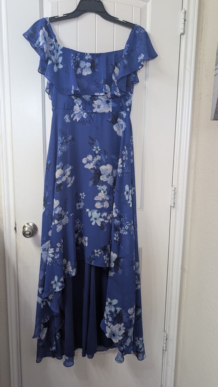 Sequin Hearts Blue White Floral Chiffon Square Neck Maxi Dress Zip 11 Lined